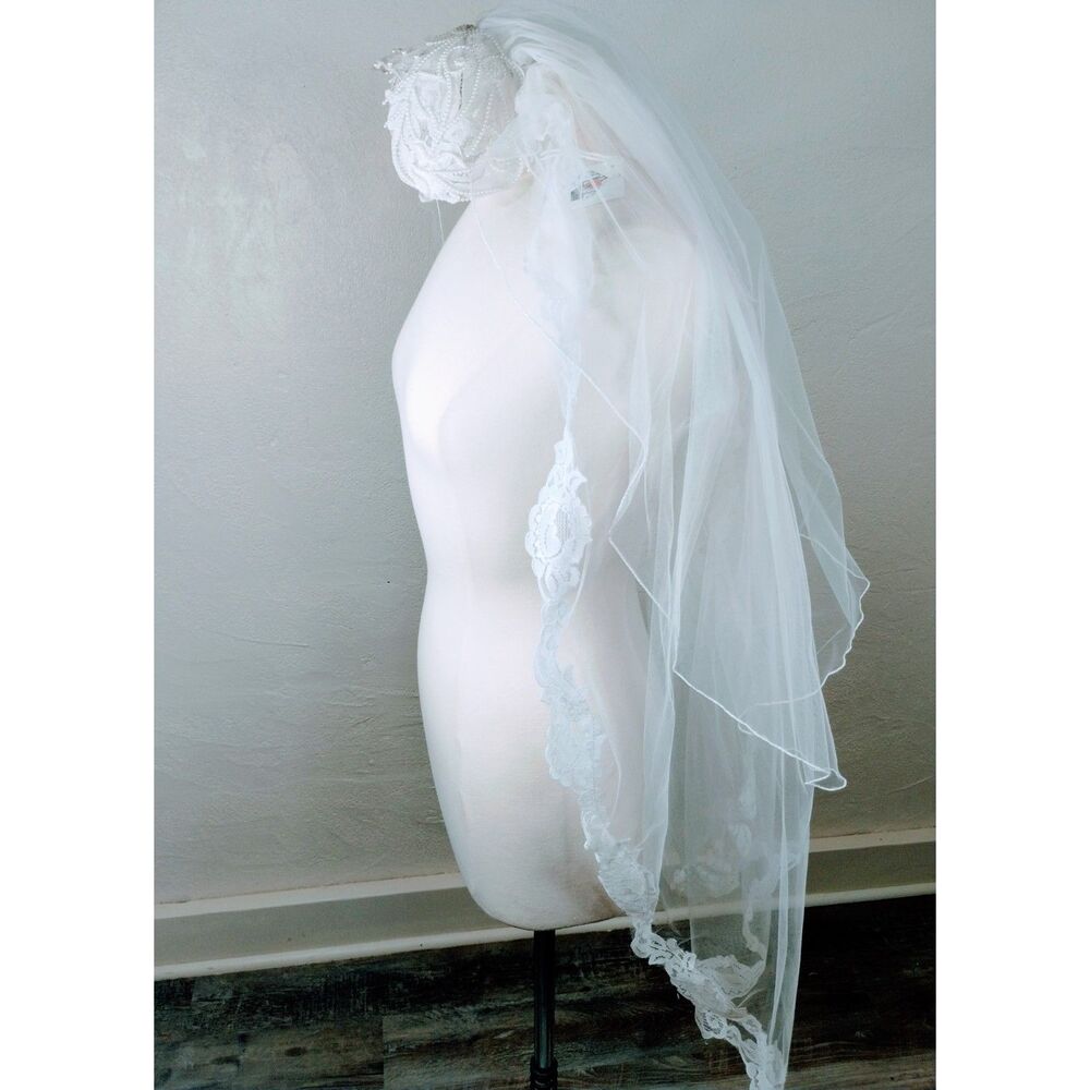 Vintage 1950s wedding veil handmade double layer lace edging pearls and beading